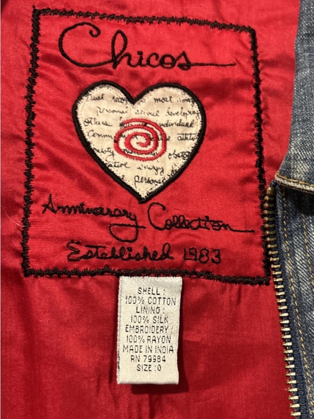 Chico's Denim Jacket with Colorful Parrot Embroidery Beaded Artsy Retro Boho - Picture 5 of 6